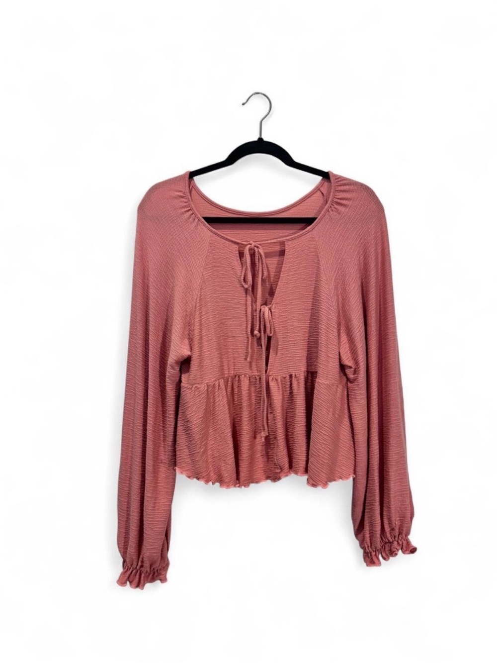 Flowy Peasant Top Long Sleeve Front Tie L Boho Cottage Prairie Babydoll